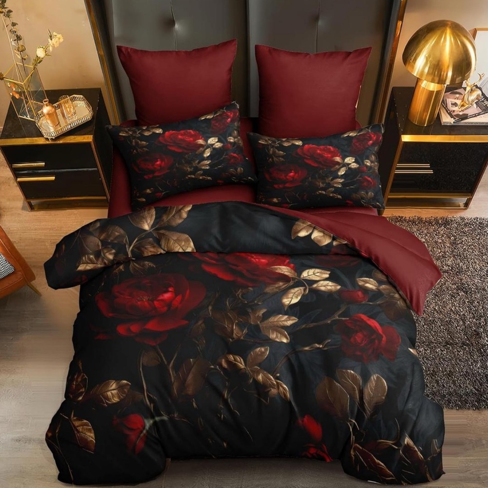 Luxury Floral Bedding 3-Piece Set - Black and Red - NEW